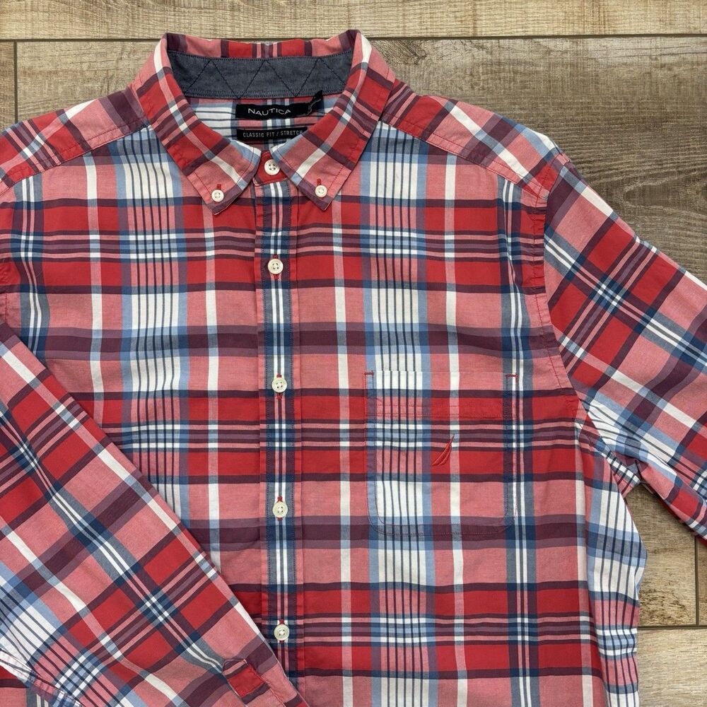 Nautica Mens Red Blue Plaid Button Down Shirt Sz L Long Sleeve LA Preppy Classic